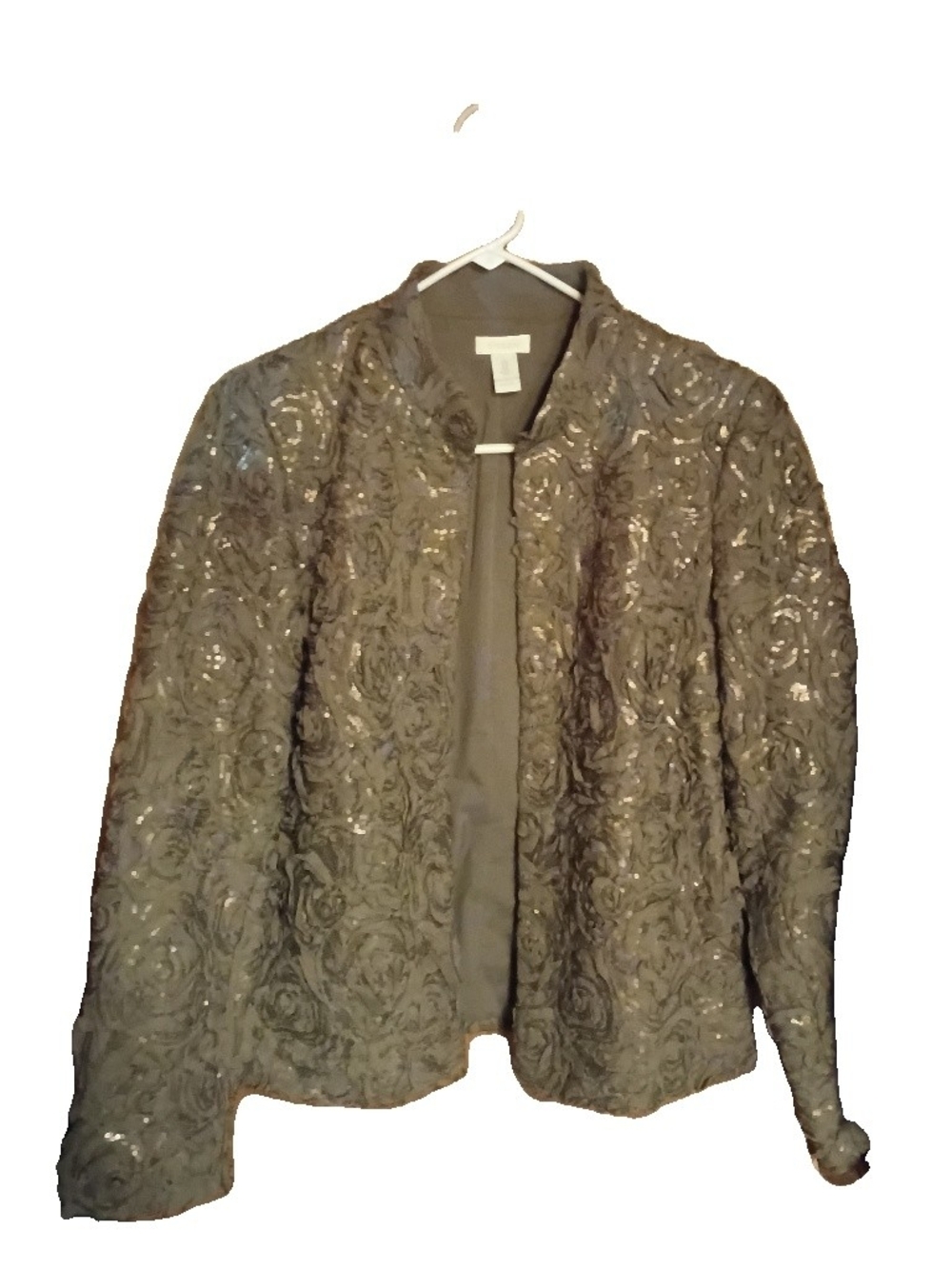 Chico's Olive Green Sequin Rosette Open-Front Jacket